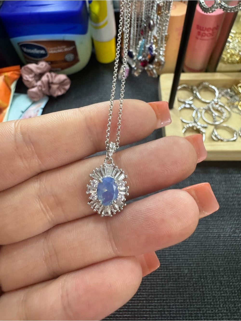 bp Silver-Tone Necklace with Blue Oval Center Stone